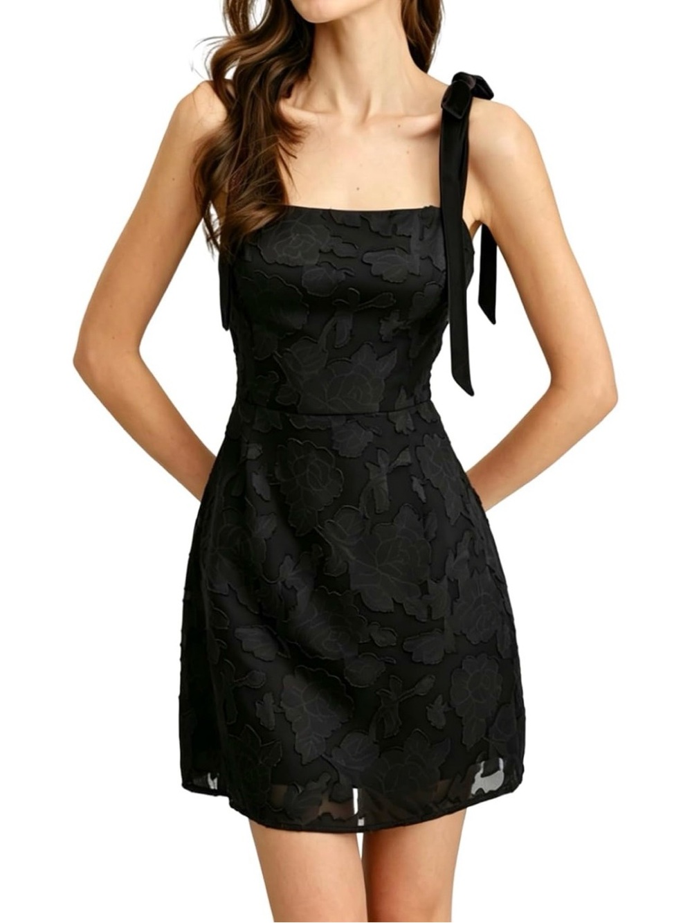 RIHOAS Black Floral Tie-Shoulder Mini Dress